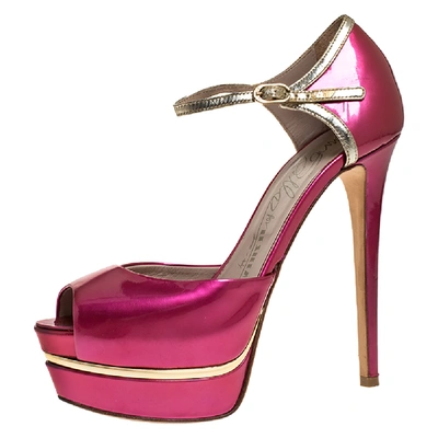 Pre-owned Le Silla Pink Patent Leather Peep Toe Platform Ankle Strap Sandals Size 36