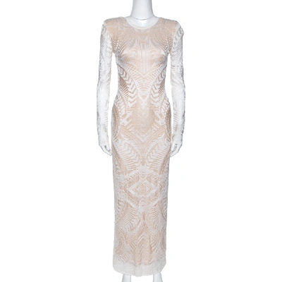 Pre-owned Balmain White Geometric Open Knit Long Sleeve Fitted Dress M