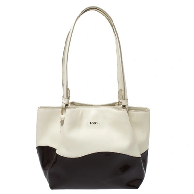 Pre-owned Tod's Cream/brown Leather And Patent Leather Flower Tote