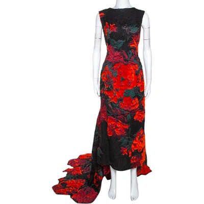 Pre-owned Oscar De La Renta Black Tufted Rose Fil Coupé Gown Xl