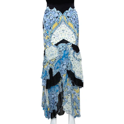 Pre-owned Roberto Cavalli Blue Floral Printed Silk Tiered Maxi Skirt L