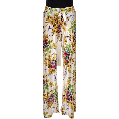 Pre-owned Roberto Cavalli Cream Floral Shimmer Print Silk Flared Pants M
