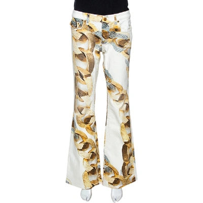 Pre-owned Roberto Cavalli Cream Jewel Printed Denim Flared Jeans L