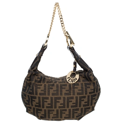 Pre-owned Fendi Brown Zucca Canvas And Leather Chef Chain Link Hobo