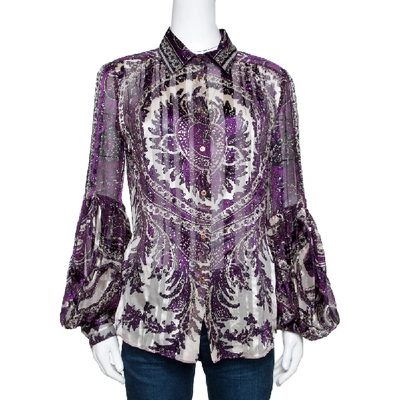 Pre-owned Roberto Cavalli Purple Shimmer Paisley Print Silk Sheer Blouse L