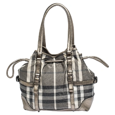Pre-owned Burberry Metallic/grey House Check Shimmer Fabric And Leather Drawstring Buckle Tote