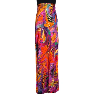 Pre-owned Roberto Cavalli Multicolor Abstract Feather Printed Silk Twill Maxi Skirt L