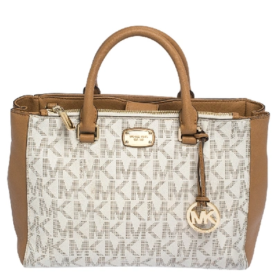Pre-owned Michael Kors Michael  Beige/tan Monogram Coated Canvas And Leather Tote