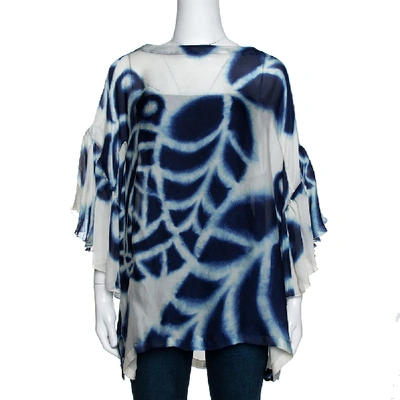 Pre-owned Roberto Cavalli Navy Blue & White Printed Silk Boat Neck Top L