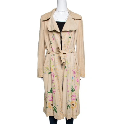 Pre-owned Roberto Cavalli Beige Suede Floral Painted Effect Belted Mid Length Coat M
