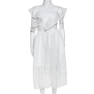 Pre-owned Self-portrait White Crochet Lace One Shoulder Ruffled Midi Dress S