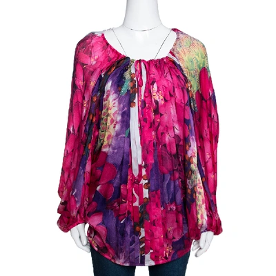 Pre-owned Roberto Cavalli Pink & Purple Floral Printed Silk Pleated Gypsy Blouse M