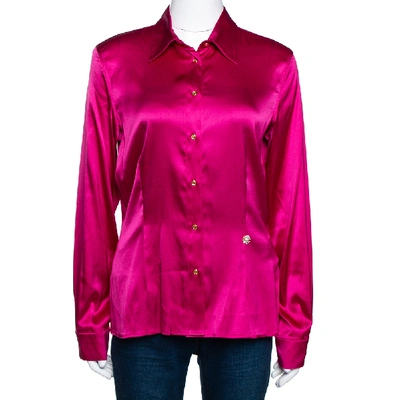 Pre-owned Roberto Cavalli Pink Stretch Silk Button Front Shirt L