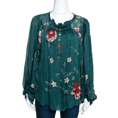 Pre-owned Roberto Cavalli Dark Green Floral Printed Chiffon Pleated Detail Blouse M