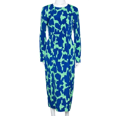 Pre-owned Diane Von Furstenberg Blue & Green Printed Stretch Silk Midi Dress M