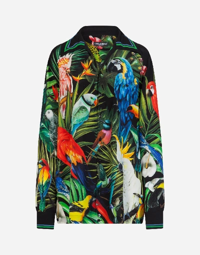 Shop Dolce & Gabbana Oversized Shirt In Crêpe De Chine With Parrot Print In Multicolored