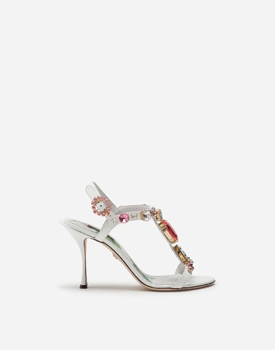 Shop Dolce & Gabbana Patent Leather T-strap Sandals With Stone Embroidery In White