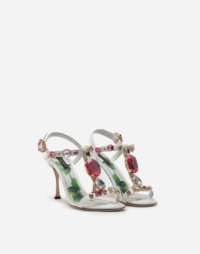 Shop Dolce & Gabbana Patent Leather T-strap Sandals With Stone Embroidery In White