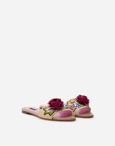 Shop Dolce & Gabbana Braided Raffia Sliders With Floral Embroidery