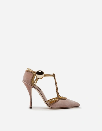 Shop Dolce & Gabbana Velvet T-straps Shoes With Decorative Button