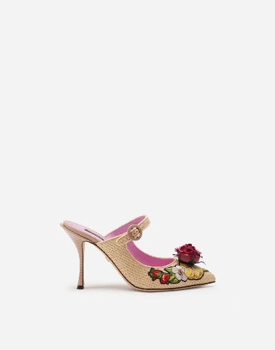 Shop Dolce & Gabbana Braided Raffia Mules With Floral Embroidery