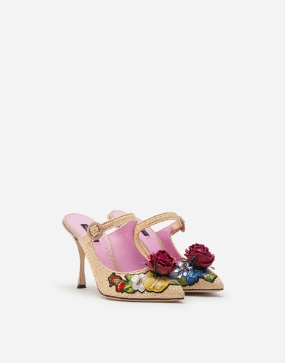 Shop Dolce & Gabbana Braided Raffia Mules With Floral Embroidery