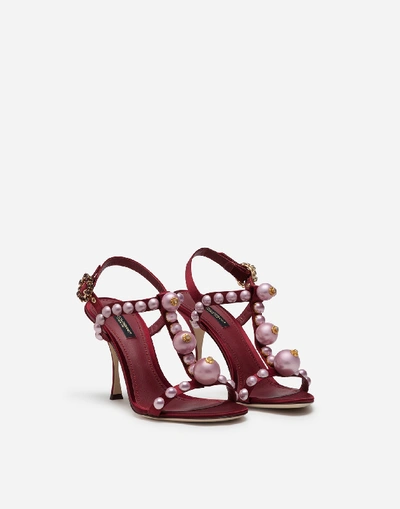 Shop Dolce & Gabbana Bejeweled Satin Sandals With Pearl Embroidery In Burgundy
