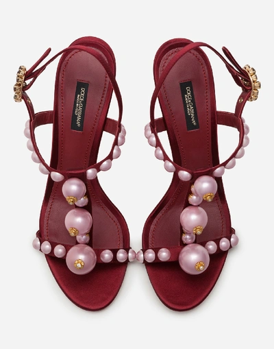 Shop Dolce & Gabbana Bejeweled Satin Sandals With Pearl Embroidery In Burgundy