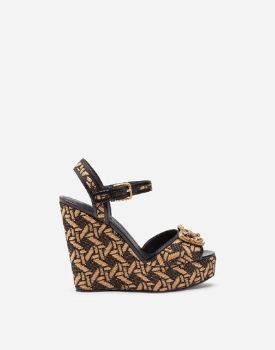 Shop Dolce & Gabbana Braided Raffia Wedge Sandals With Dg Amore Logo In Beige/black