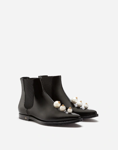 Shop Dolce & Gabbana Polished Calfskin Chelsea Boots With Pearl Embroidery