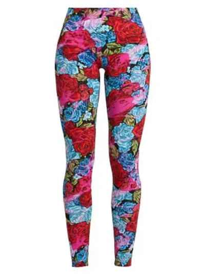 Shop Versace Tie-dye Rose Print Leggings In Rosso Azzurro Fuxia