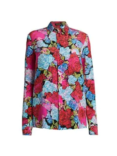 Shop Versace Tie-dye Rose Print Button-down Silk Shirt In Rosso Azzurro Fuxia