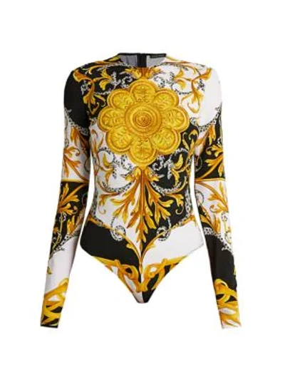 Shop Versace Barocco Acanthus Printed Bodysuit In Bianco Nero Oro