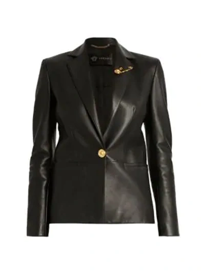 Shop Versace Safety Pin Detail Leather Blazer In Nero