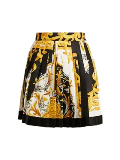 Shop Versace Barocco Acanthus Pleated Mini Skirt In Bianco Nero Oro