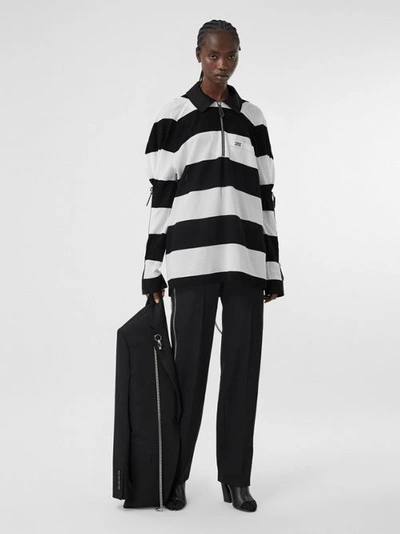 Shop Burberry Zip Detail Striped Cotton Piqué Oversized Rugby Shirt In Black/white