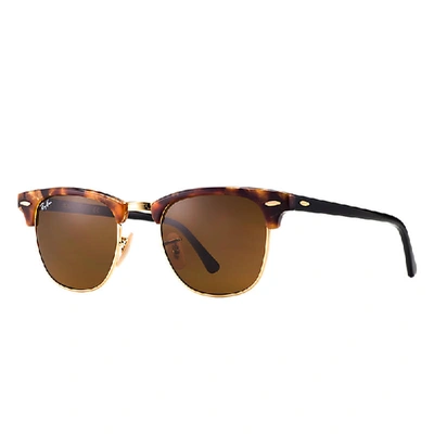 Shop Ray Ban Sunglasses Unisex Clubmaster Fleck - Brown Havana Frame Brown Lenses 49-21 In Black