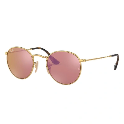 Shop Ray Ban Sunglasses Man Round Flat Lenses - Gold Frame Brown Lenses 50-21