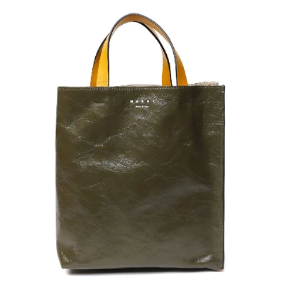 Shop Marni Two Color Leather Museo Tote Bag In Green