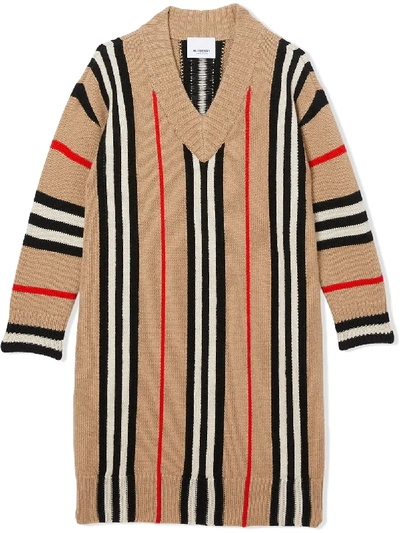 Shop Burberry Teen Knitted Check Dress In Neutrals