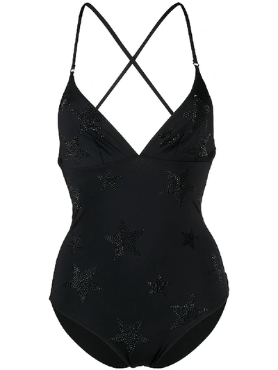 Shop Stella Mccartney Crystal-star Strappy-back Swimsuit In Black