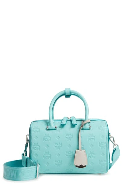 Shop Mcm Essential Monogram Leather Satchel In Pool Blue