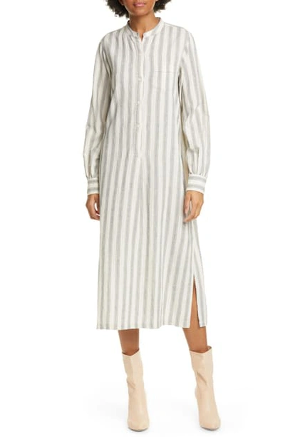 Shop Nili Lotan Malia Long Sleeve Stripe Cotton & Linen Midi Dress In Natural/ Black Stripe