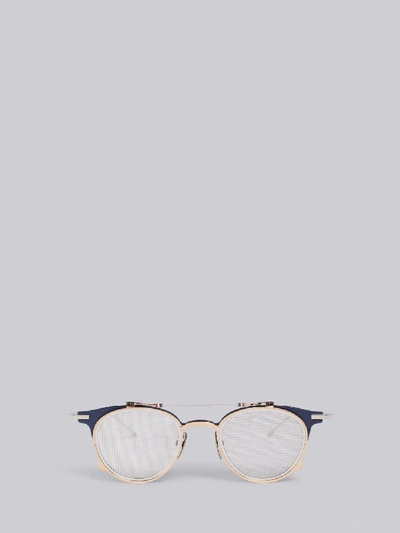 Shop Thom Browne Eyewear Tb814 - Matte Navy And White Gold Clubmaster Sunglasses In Blue