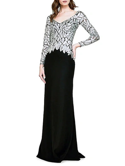Shop Tadashi Shoji Hydra Long-sleeve Sequin Gown In Silver Black