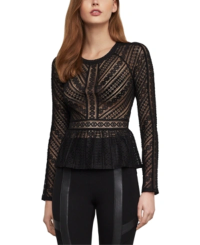 Shop Bcbgmaxazria Stretch-lace Peplum Top In Black