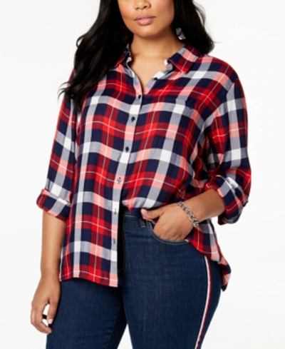 Shop Tommy Hilfiger Plus Size Roll-tab Plaid Shirt, Created For Macy's In Scarlet Multi