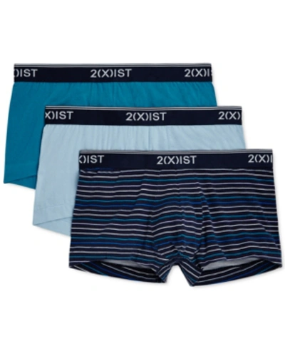 Shop 2(x)ist Men's Cotton Stretch 3 Pack No-show Trunk In Thin Stripe-navy/caribbean Sea/dream Blue