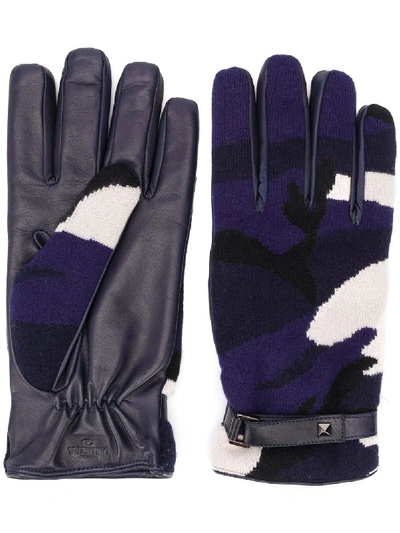 Shop Valentino Camouflage Print Gloves In Blue