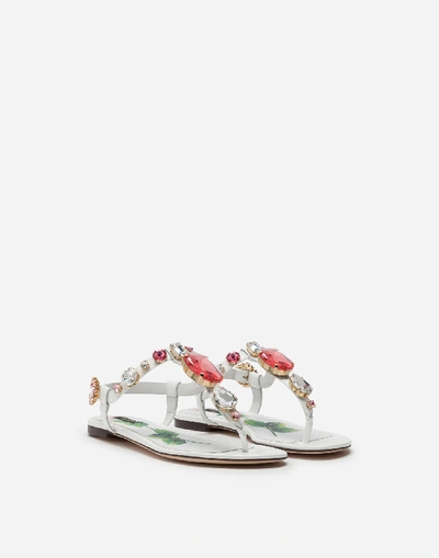 Shop Dolce & Gabbana Patent Leather Flip Flops With Stone Embroidery In White